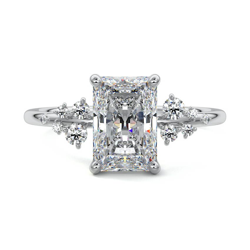 Silver Radiant Diamond Side Stone Engagement Ring with Clustered Round Accents