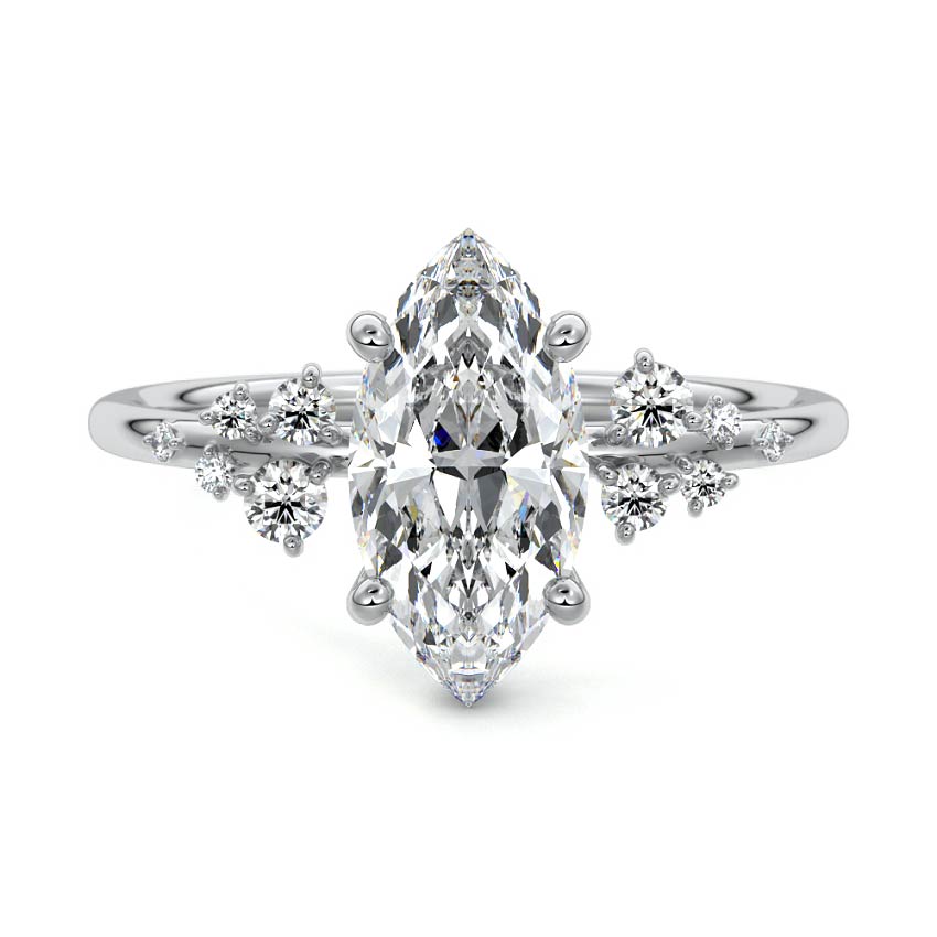 Silver Marquise Diamond Side Stone Engagement Ring with Clustered Round Accents