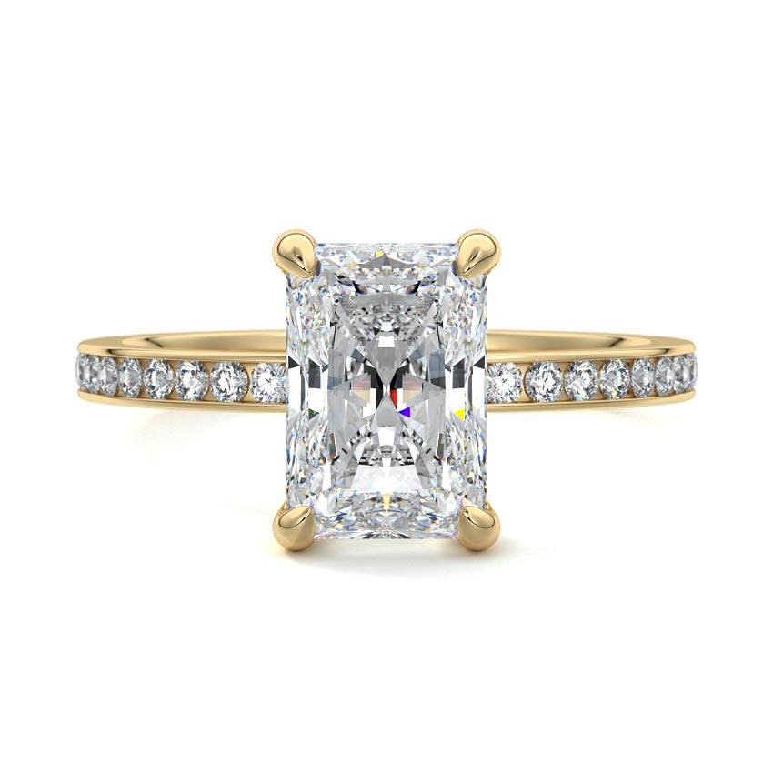 Yellow gold Radiant Solitaire Diamond Engagement Ring with Pave Band