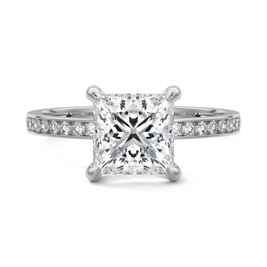 Platinum Princess Solitaire Diamond Engagement Ring with Pave Band