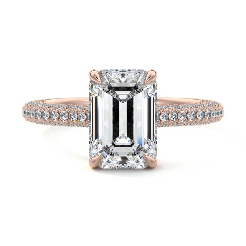 Rose gold Emerald Diamond Engagement Ring with Hidden Halo and Pave Band