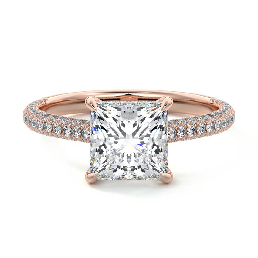 Rose gold Princess Diamond Engagement Ring with Hidden Halo and Pave Band