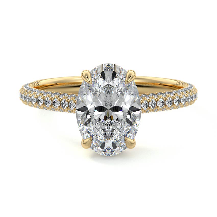Yellow gold Oval Diamond Engagement Ring with Hidden Halo and Pave Band
