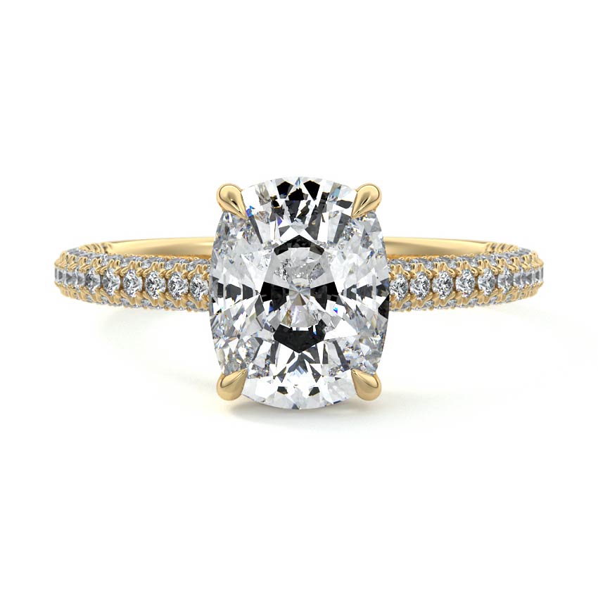 Yellow gold Cushion Diamond Engagement Ring with Hidden Halo and Pave Band