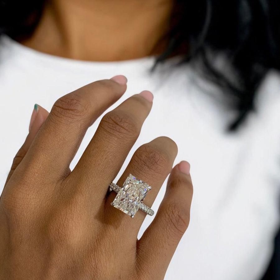 White gold Radiant Diamond Engagement Ring with Hidden Halo and Pave Band