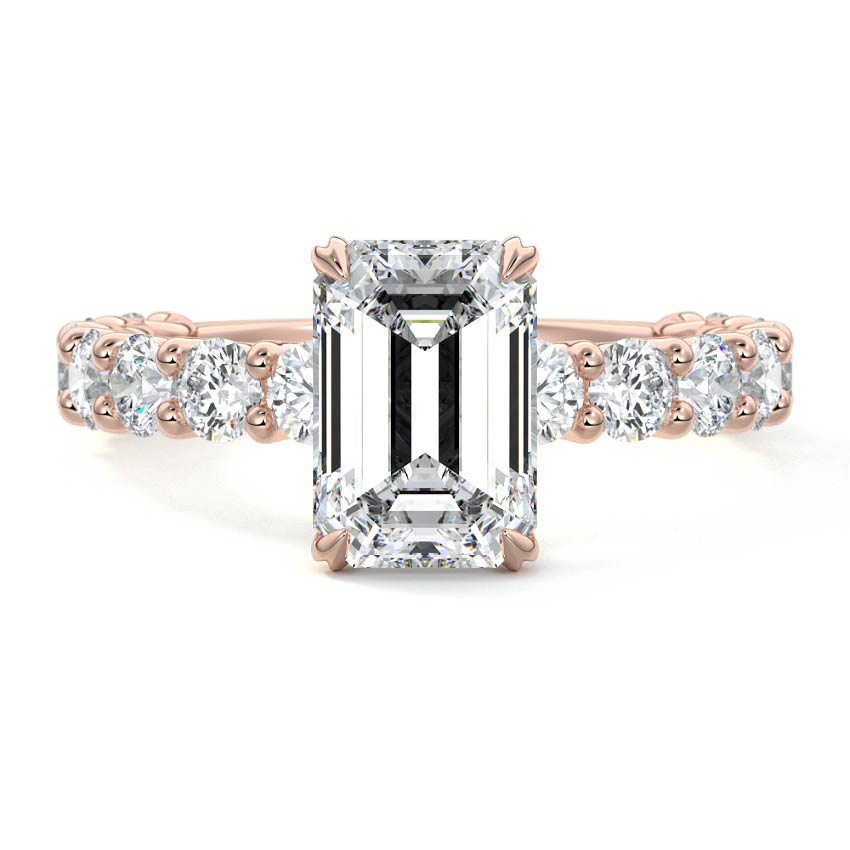 Rose gold Emerald Diamond Engagement Ring with Prong Setting and Pave Band