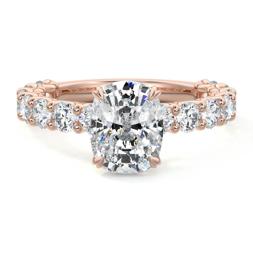 Rose gold Cushion Diamond Engagement Ring with Prong Setting and Pave Band