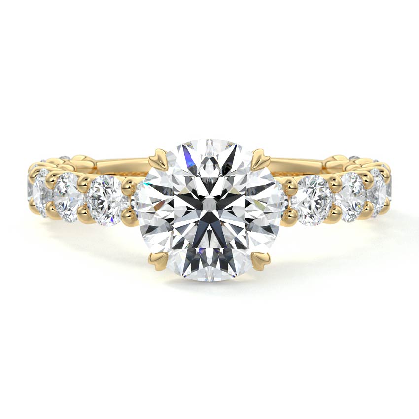 Yellow gold Round Diamond Engagement Ring with Prong Setting and Pave Band
