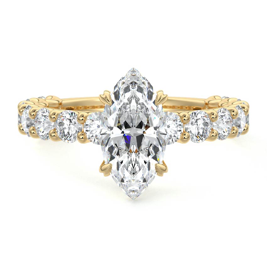 Yellow gold Marquise Diamond Engagement Ring with Prong Setting and Pave Band