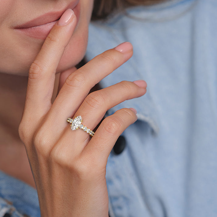 Yellow gold Marquise Diamond Engagement Ring with Prong Setting and Pave Band