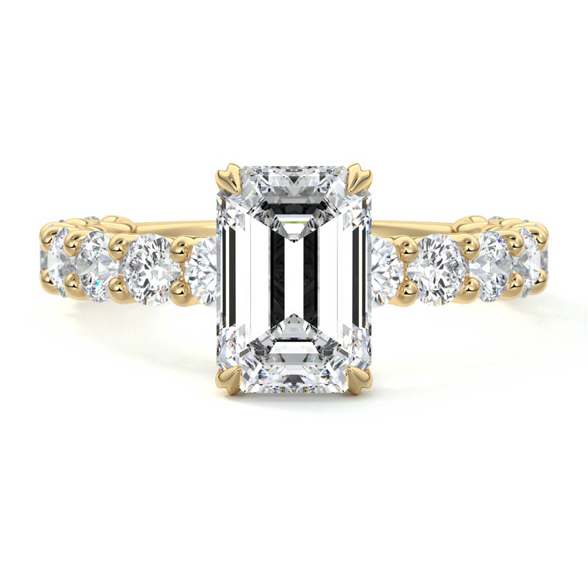 Yellow gold Emerald Diamond Engagement Ring with Prong Setting and Pave Band