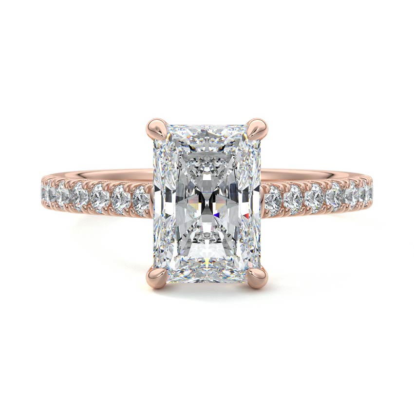 Rose gold Radiant Diamond Engagement Ring with Pavé Band and Prong Setting