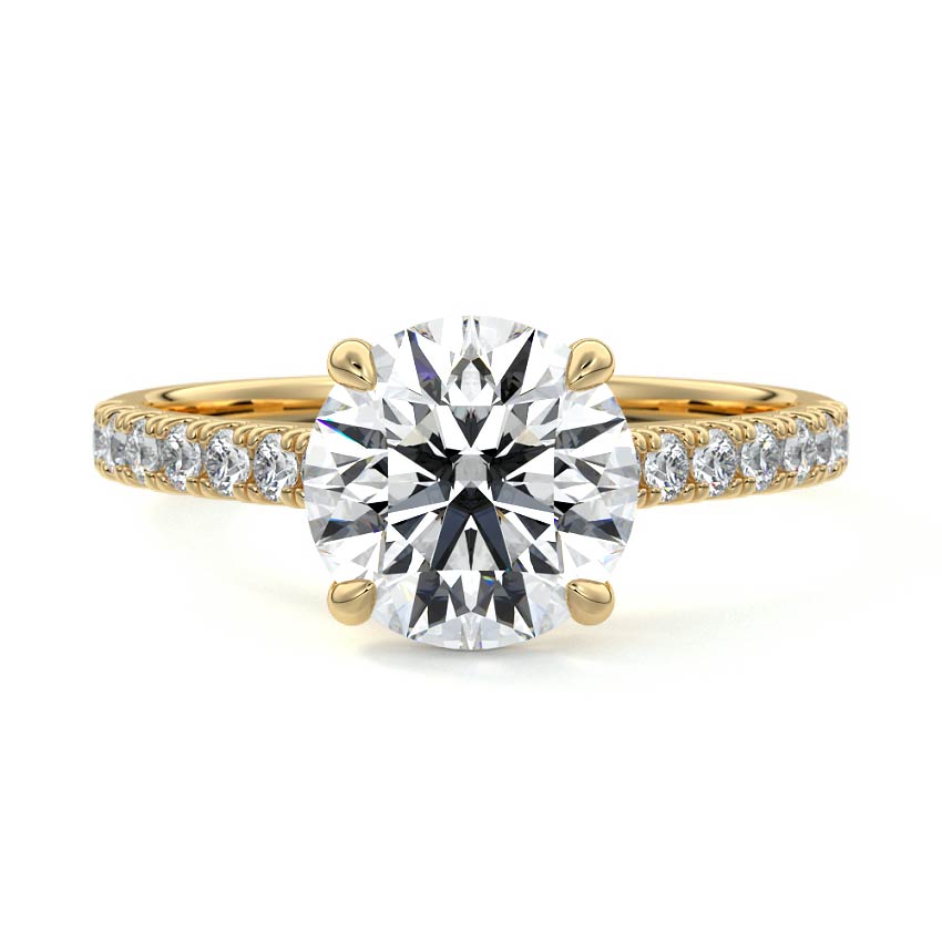 Yellow gold Round Diamond Engagement Ring with Pavé Band and Prong Setting