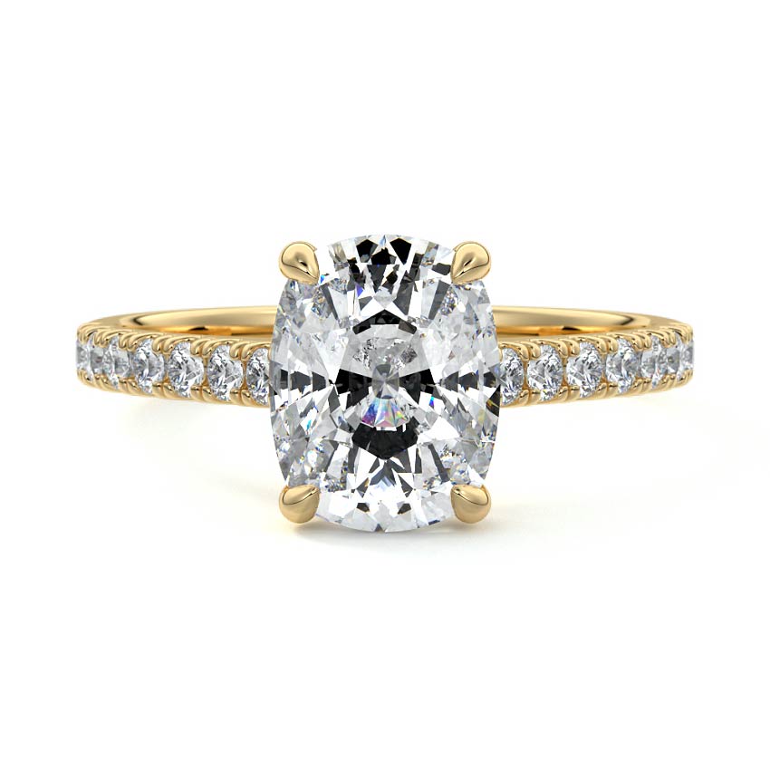 Yellow gold Cushion Diamond Engagement Ring with Pavé Band and Prong Setting