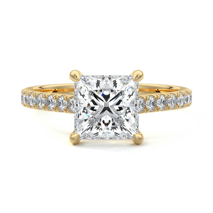 Yellow gold Princess Diamond Engagement Ring with Pavé Band and Prong Setting