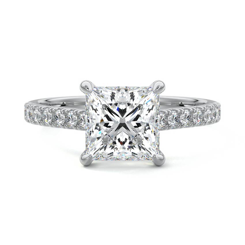 White gold Princess Diamond Engagement Ring with Pavé Band and Prong Setting