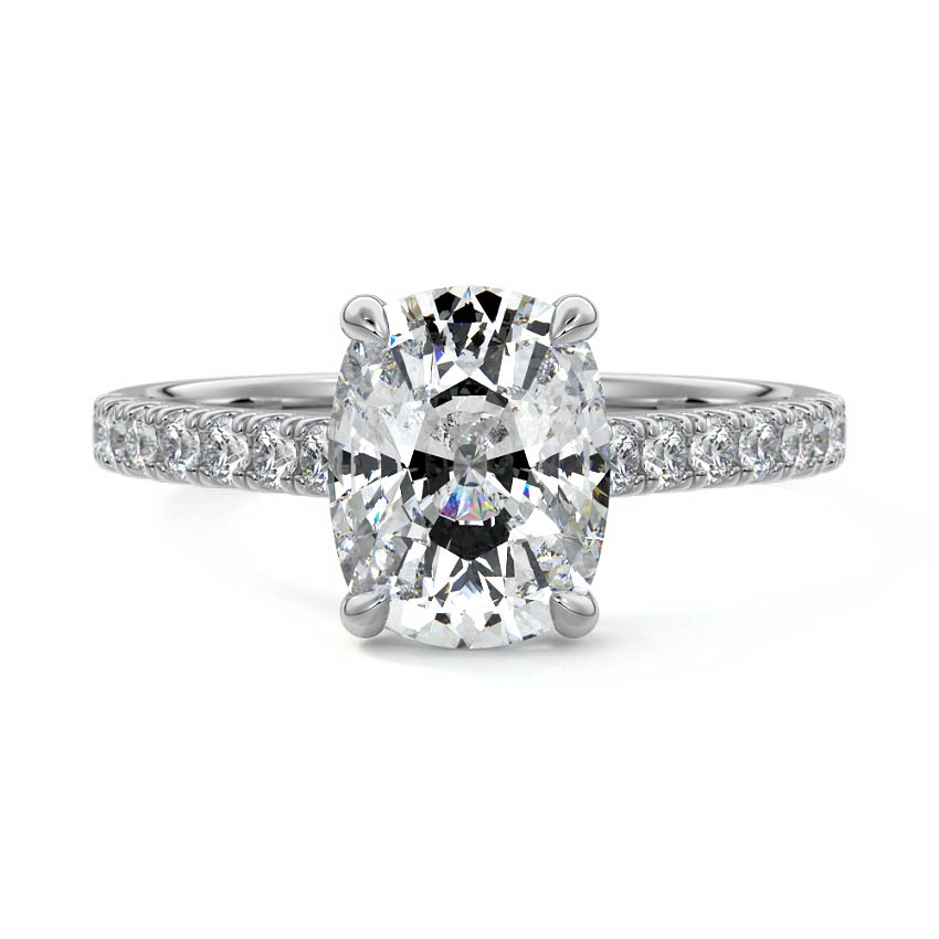 Silver Cushion Diamond Engagement Ring with Pavé Band and Prong Setting