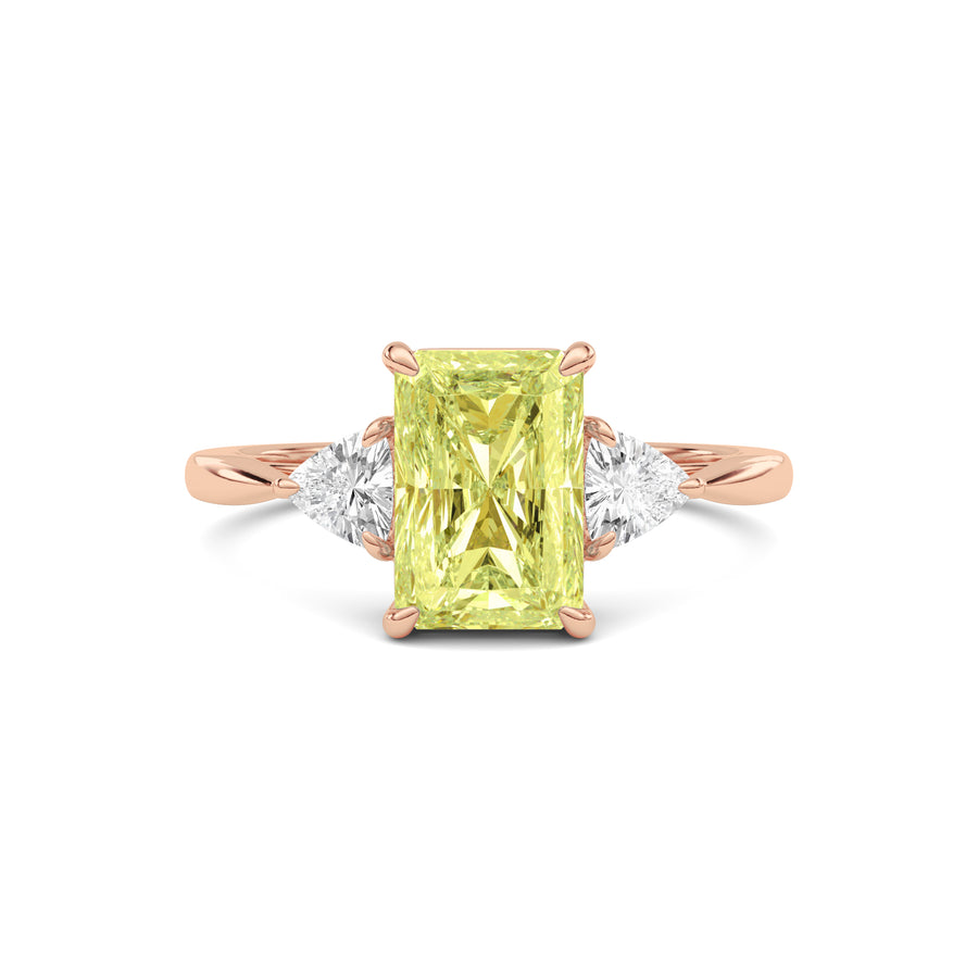 Rose gold Three-Stone Fancy Yellow Radiant Cut Diamond Ring with Trillion Side Stones