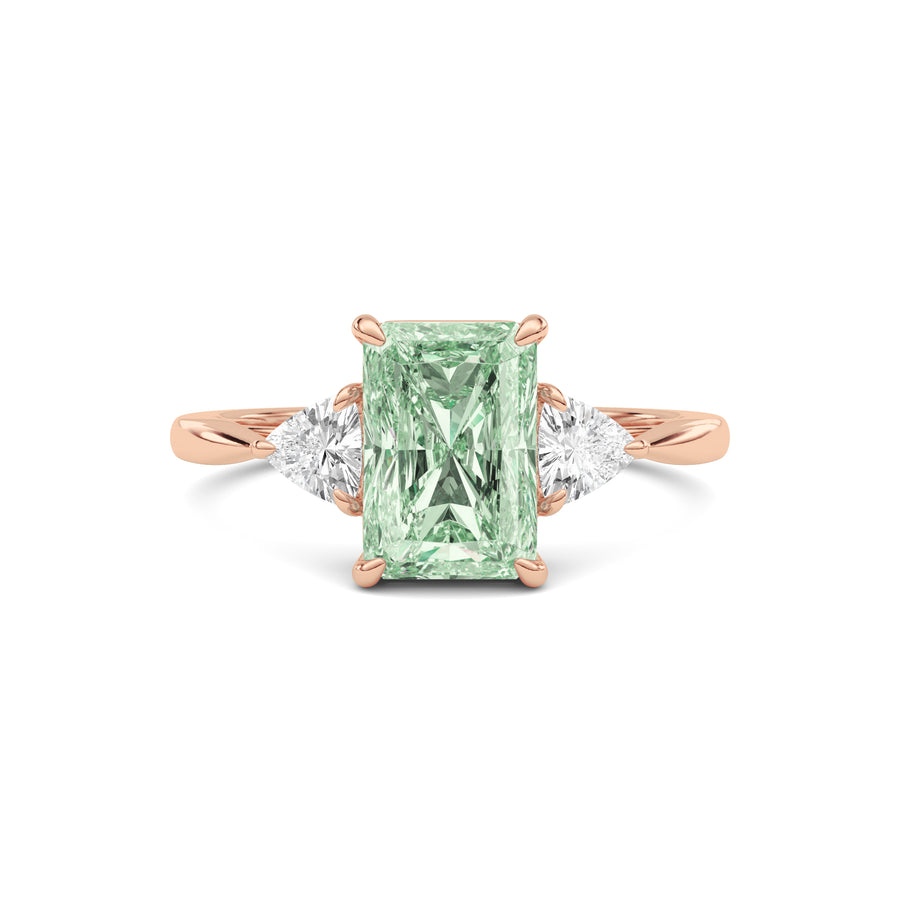 Rose gold Three-Stone Fancy Green Radiant Cut Diamond Ring with Trillion Side Stones