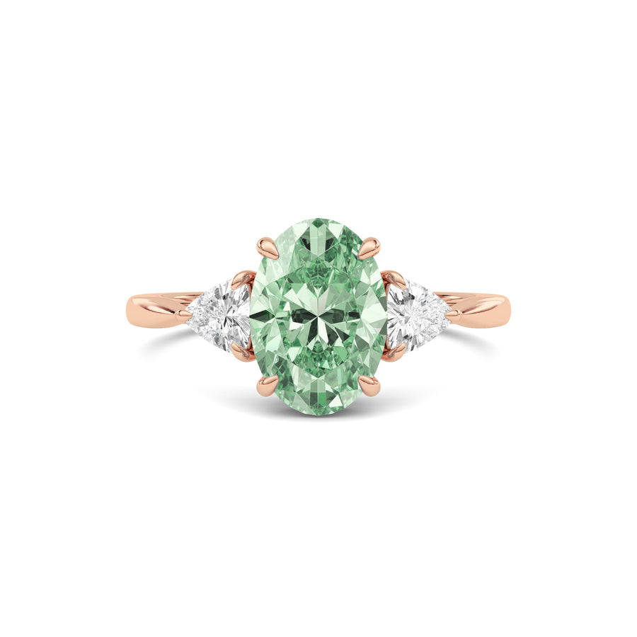 Rose gold Three-Stone Fancy Green Oval Cut Diamond Ring with Trillion Side Stones