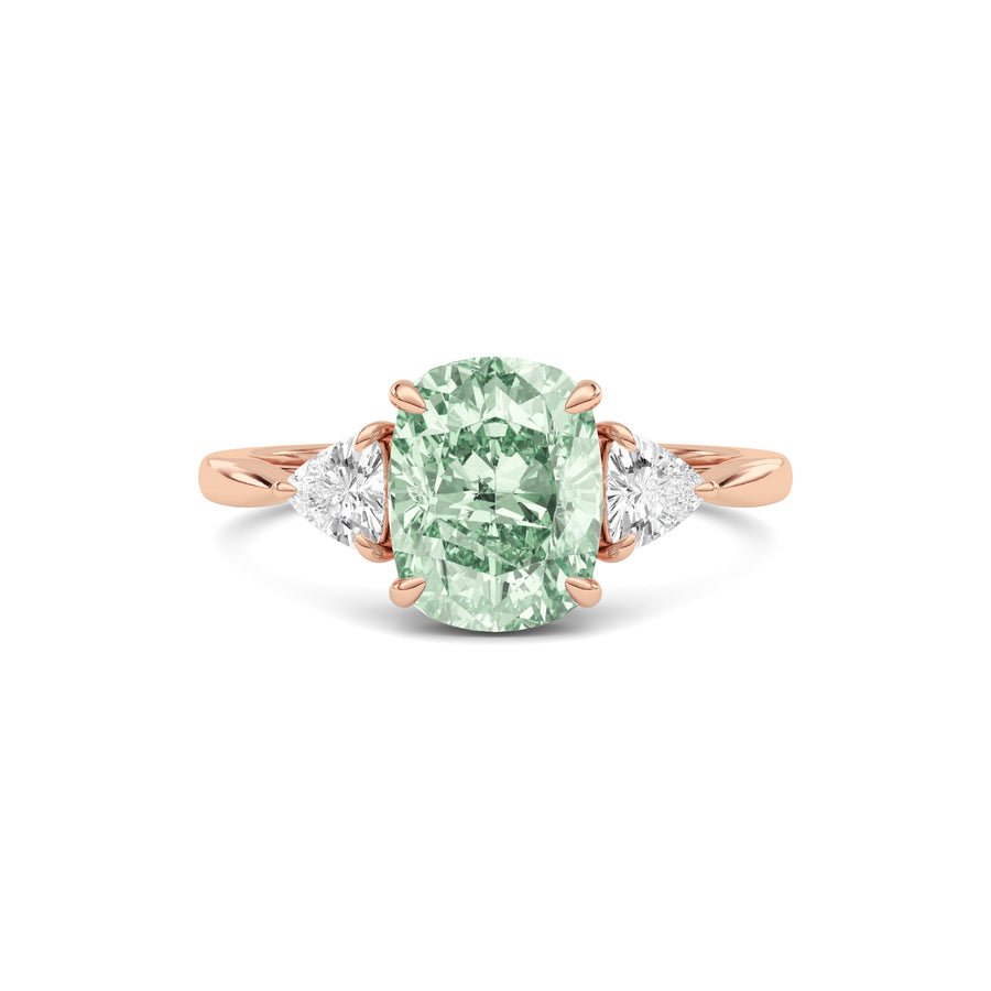 Rose gold Three-Stone Fancy Green Cushion Cut Diamond Ring with Trillion Side Stones