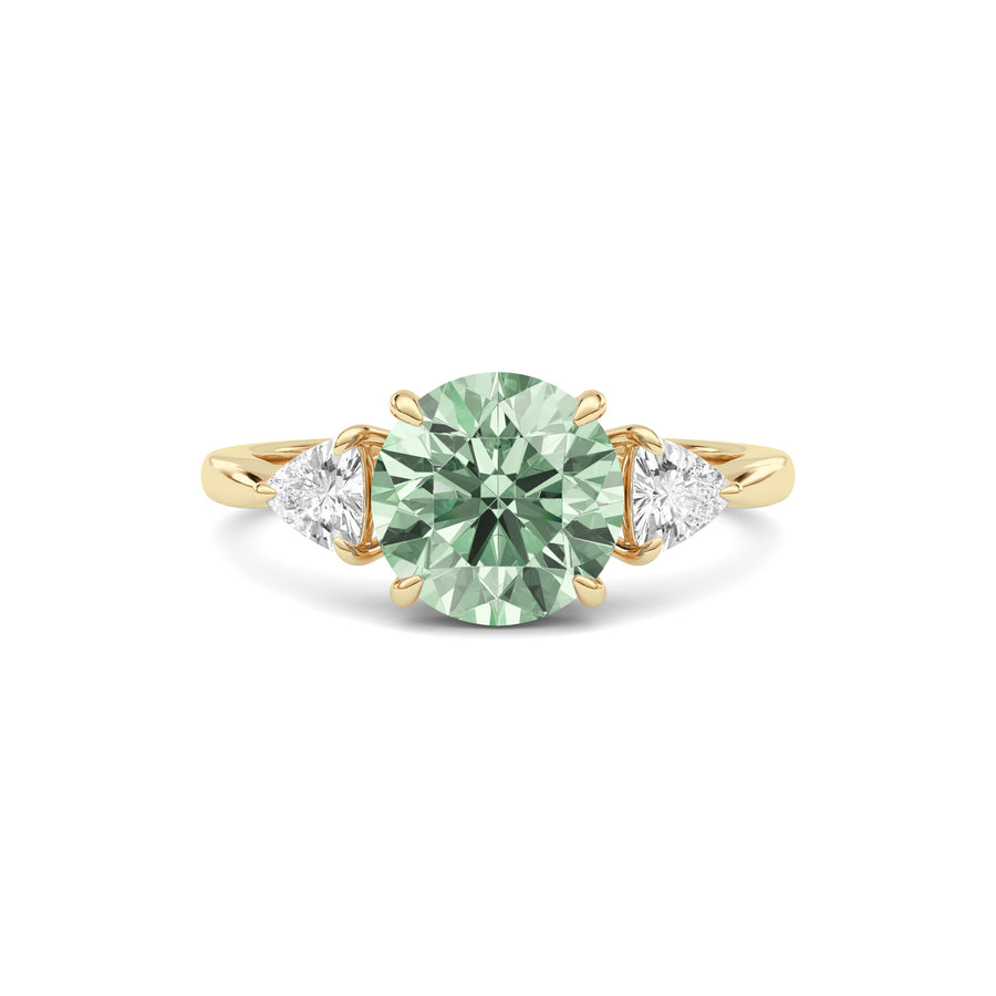 Yellow gold Three-Stone Fancy Green Round Cut Diamond Ring with Trillion Side Stones