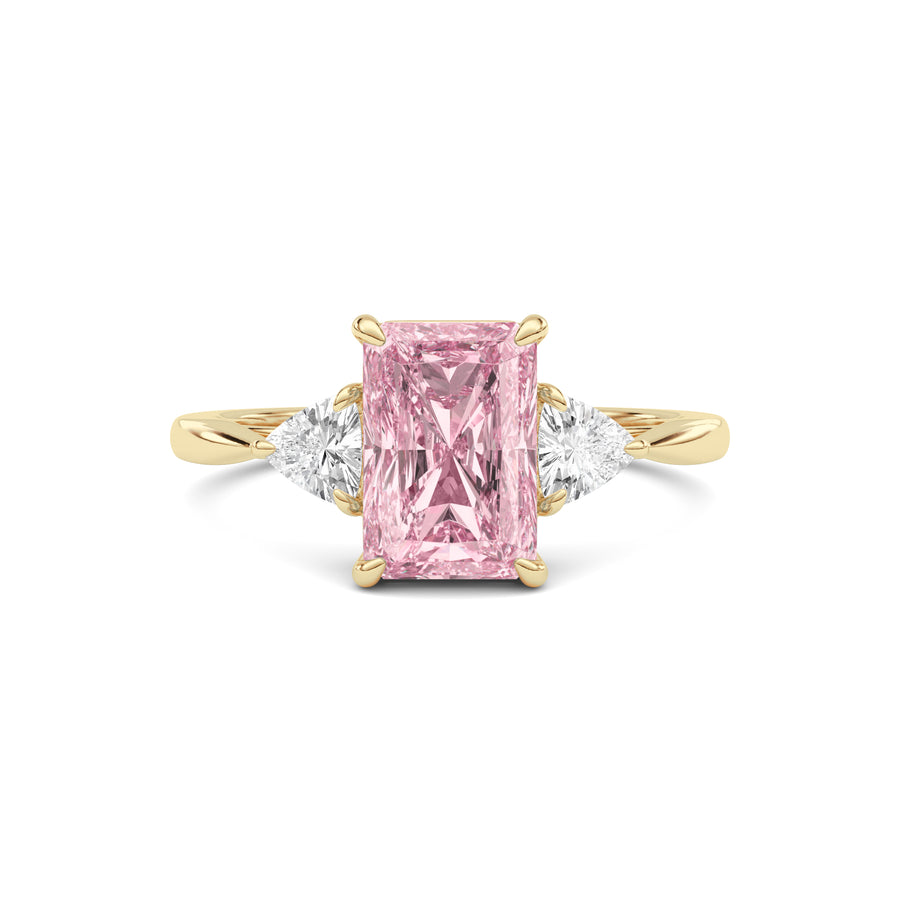 Yellow gold Three-Stone Fancy Pink Radiant Cut Diamond Ring with Trillion Side Stones