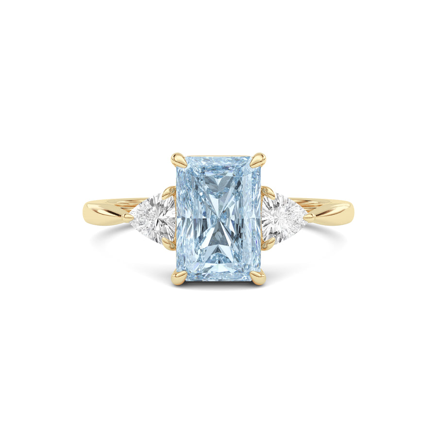 Yellow gold Three-Stone Fancy Blue Radiant Cut Diamond Ring with Trillion Side Stones