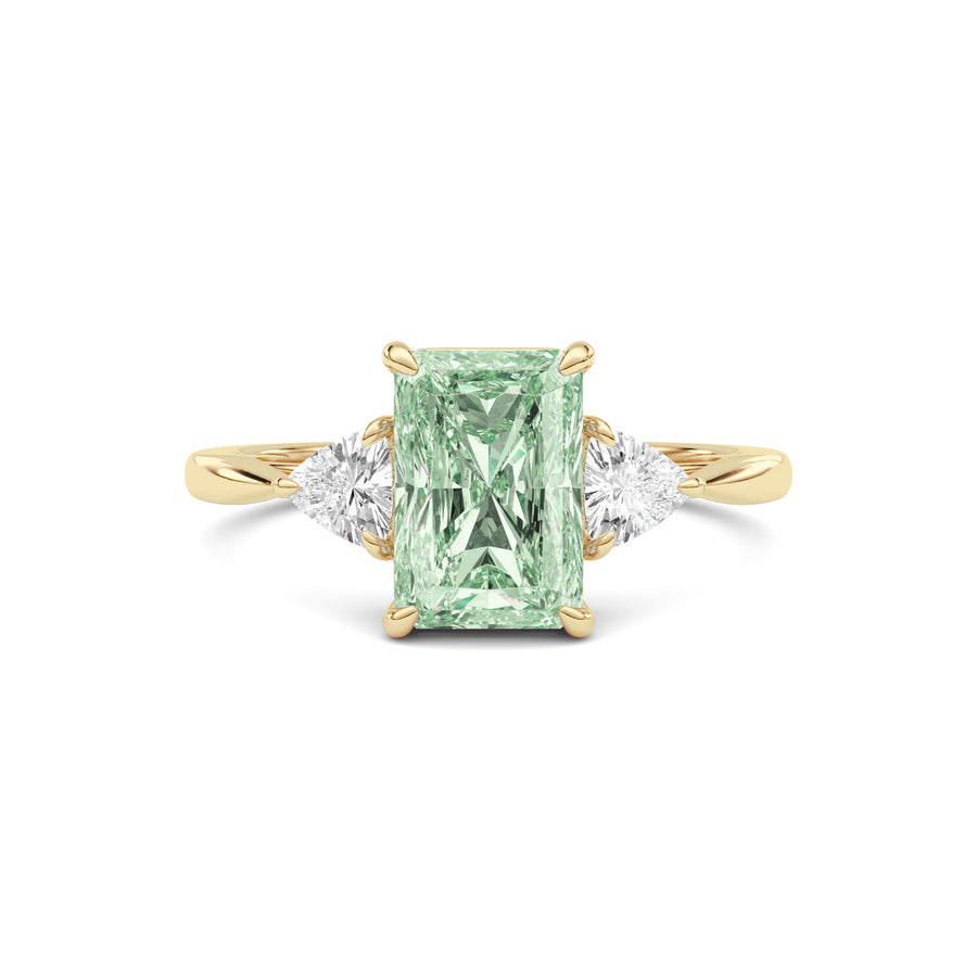 Yellow gold Three-Stone Fancy Green Radiant Cut Diamond Ring with Trillion Side Stones