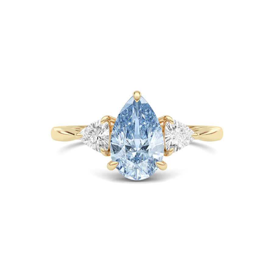 Yellow gold Three-Stone Fancy Blue Pear Cut Diamond Ring with Trillion Side Stones