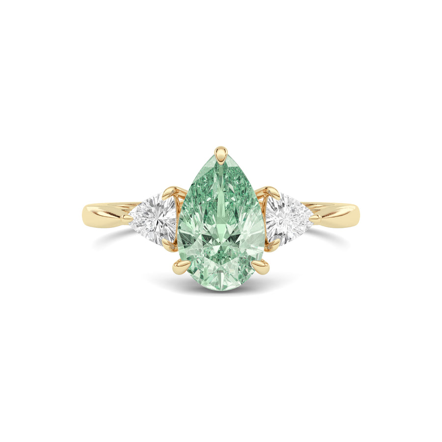 Yellow gold Three-Stone Fancy Green Pear Cut Diamond Ring with Trillion Side Stones