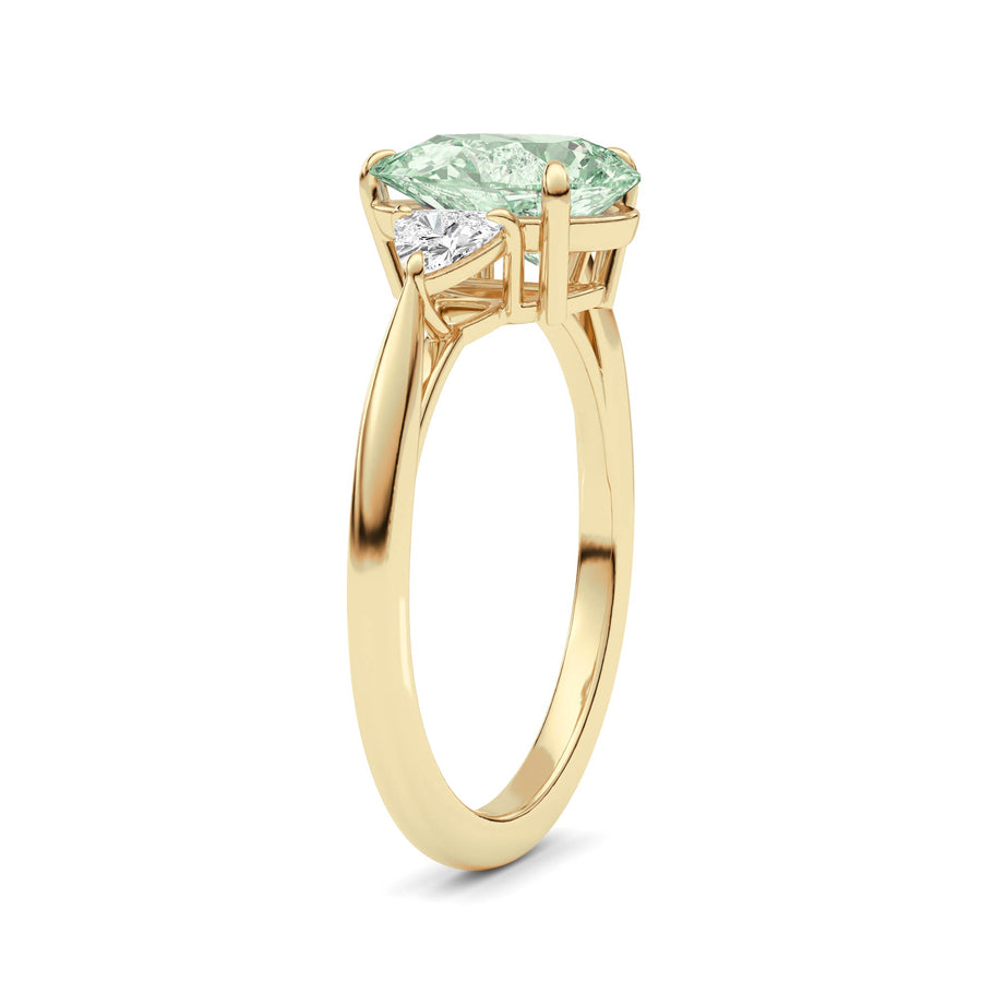 Yellow gold Three-Stone Fancy Green Pear Cut Diamond Ring with Trillion Side Stones