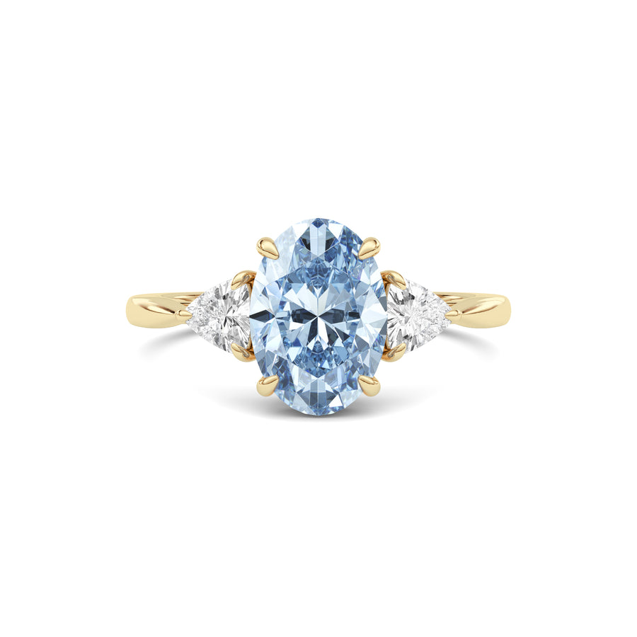 Yellow gold Three-Stone Fancy Blue Oval Cut Diamond Ring with Trillion Side Stones