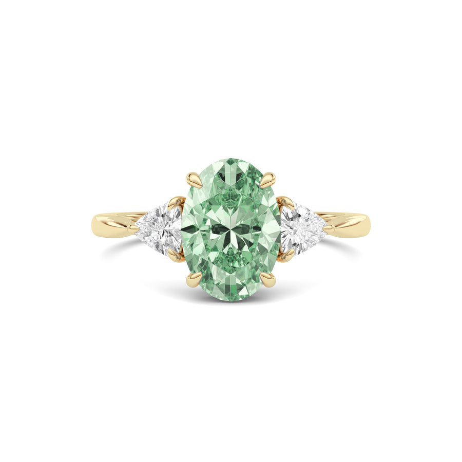 Yellow gold Three-Stone Fancy Green Oval Cut Diamond Ring with Trillion Side Stones