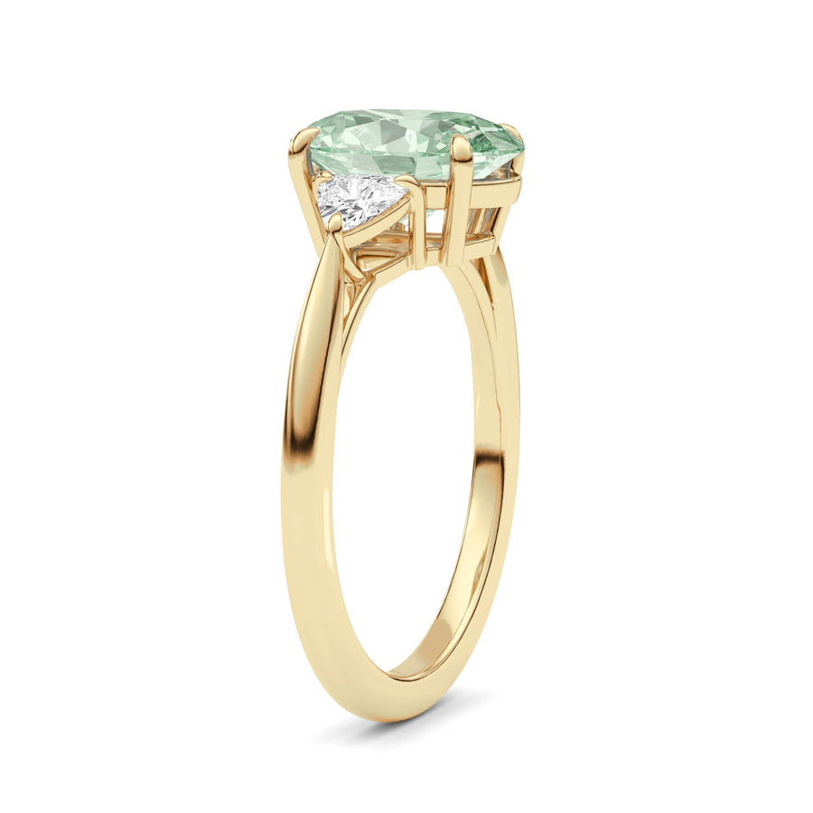 Yellow gold Three-Stone Fancy Green Oval Cut Diamond Ring with Trillion Side Stones