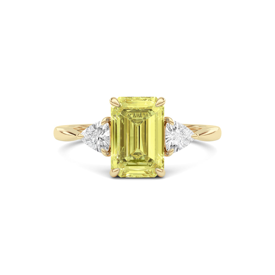 Yellow gold Three-Stone Fancy Yellow Emerald Cut Diamond Ring with Trillion Side Stones