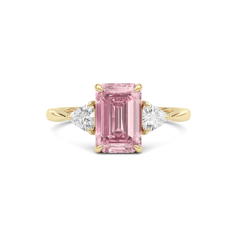 Yellow gold Three-Stone Fancy Pink Emerald Cut Diamond Ring with Trillion Side Stones