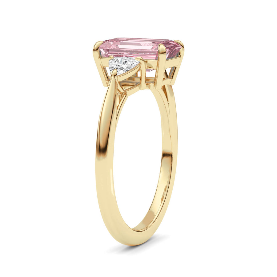 Yellow gold Three-Stone Fancy Pink Emerald Cut Diamond Ring with Trillion Side Stones