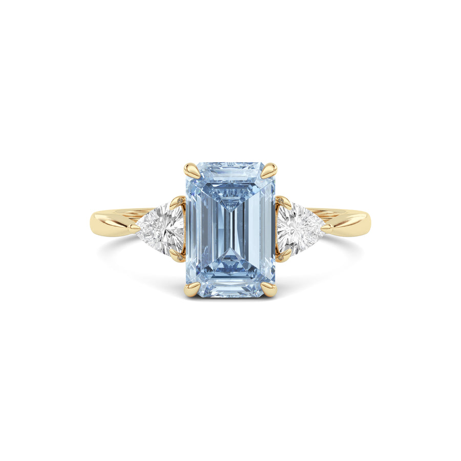 Yellow gold Three-Stone Fancy Blue Emerald Cut Diamond Ring with Trillion Side Stones