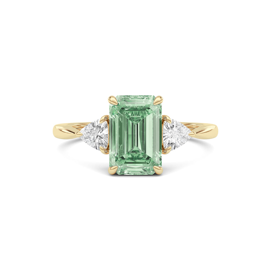 Yellow gold Three-Stone Fancy Green Emerald Cut Diamond Ring with Trillion Side Stones