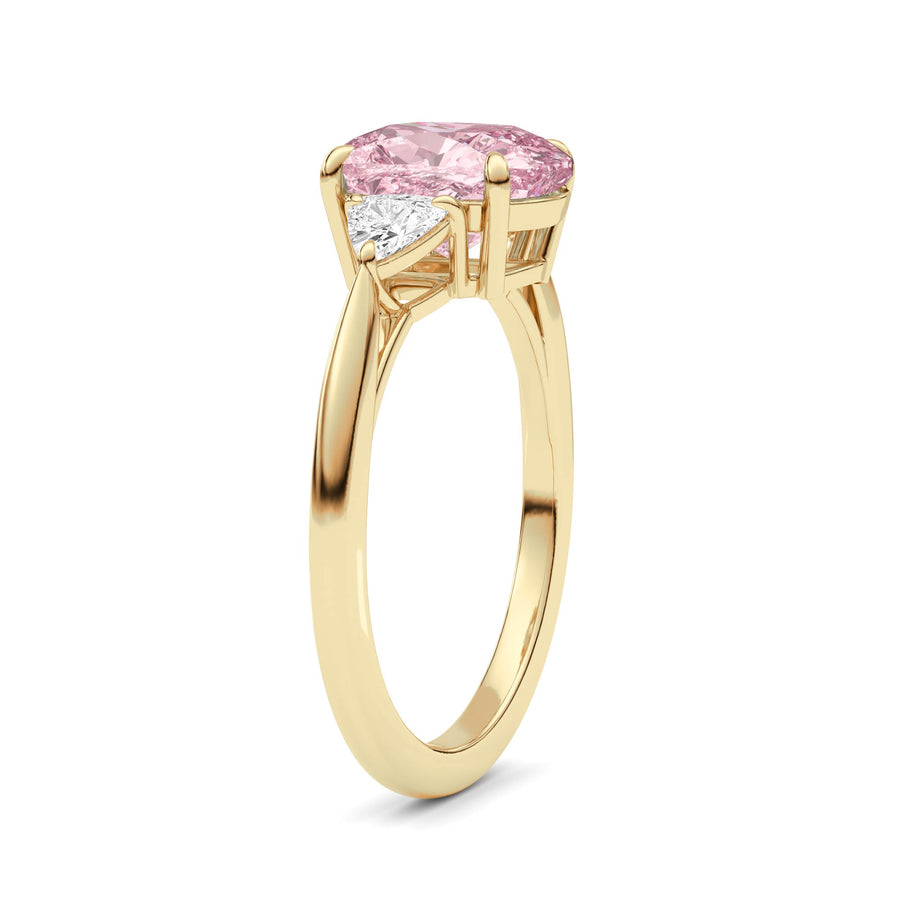 Yellow gold Three-Stone Fancy Pink Cushion Cut Diamond Ring with Trillion Side Stones