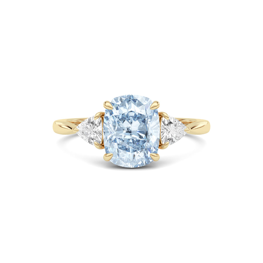 Yellow gold Three-Stone Fancy Blue Cushion Cut Diamond Ring with Trillion Side Stones