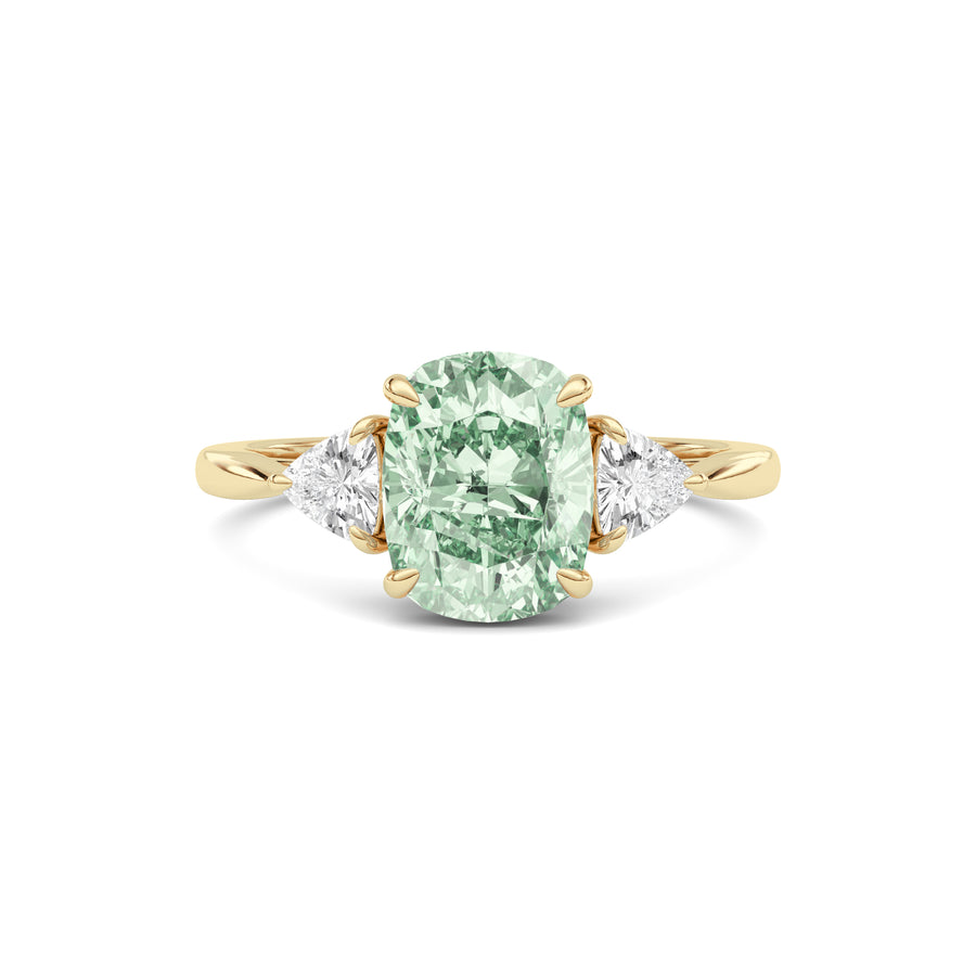 Yellow gold Three-Stone Fancy Green Cushion Cut Diamond Ring with Trillion Side Stones