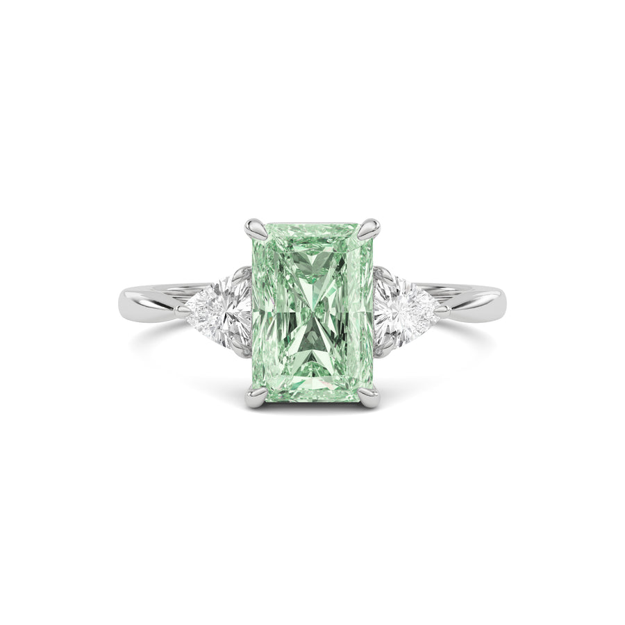 White gold Three-Stone Fancy Green Radiant Cut Diamond Ring with Trillion Side Stones