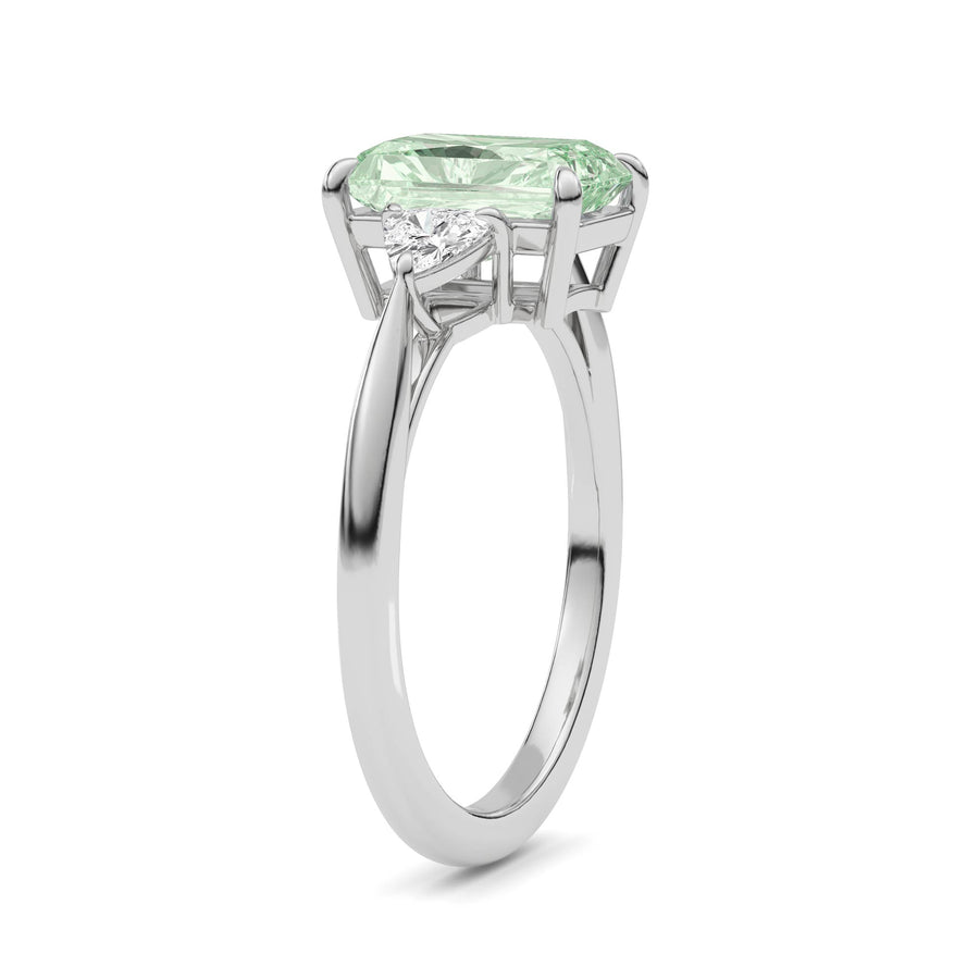 White gold Three-Stone Fancy Green Radiant Cut Diamond Ring with Trillion Side Stones