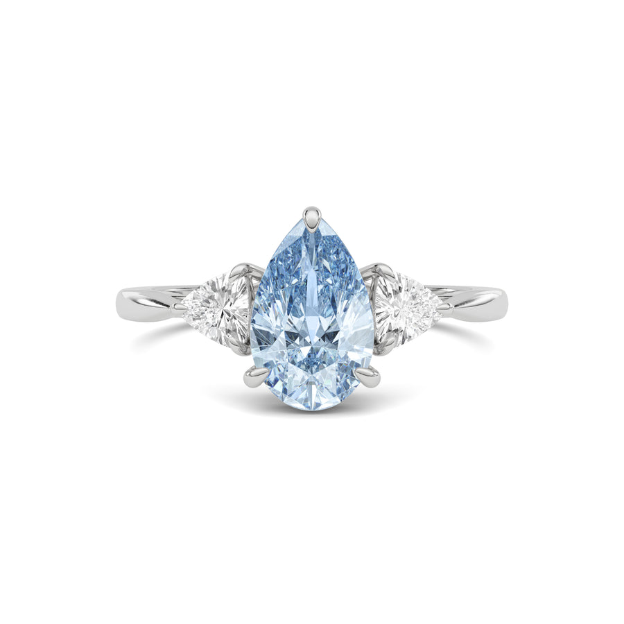 White gold Three-Stone Fancy Blue Pear Cut Diamond Ring with Trillion Side Stones