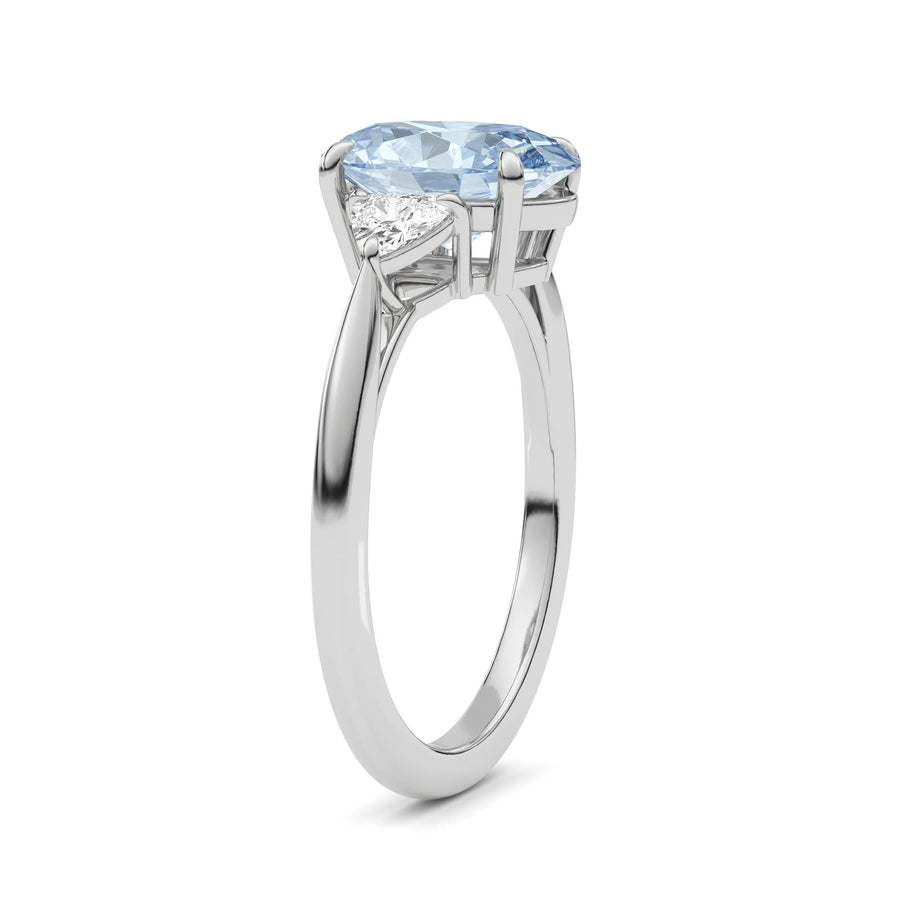 White gold Three-Stone Fancy Blue Oval Cut Diamond Ring with Trillion Side Stones