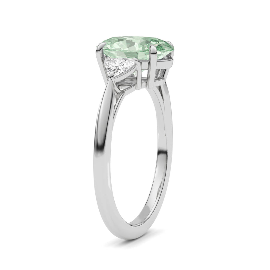 White gold Three-Stone Fancy Green Oval Cut Diamond Ring with Trillion Side Stones