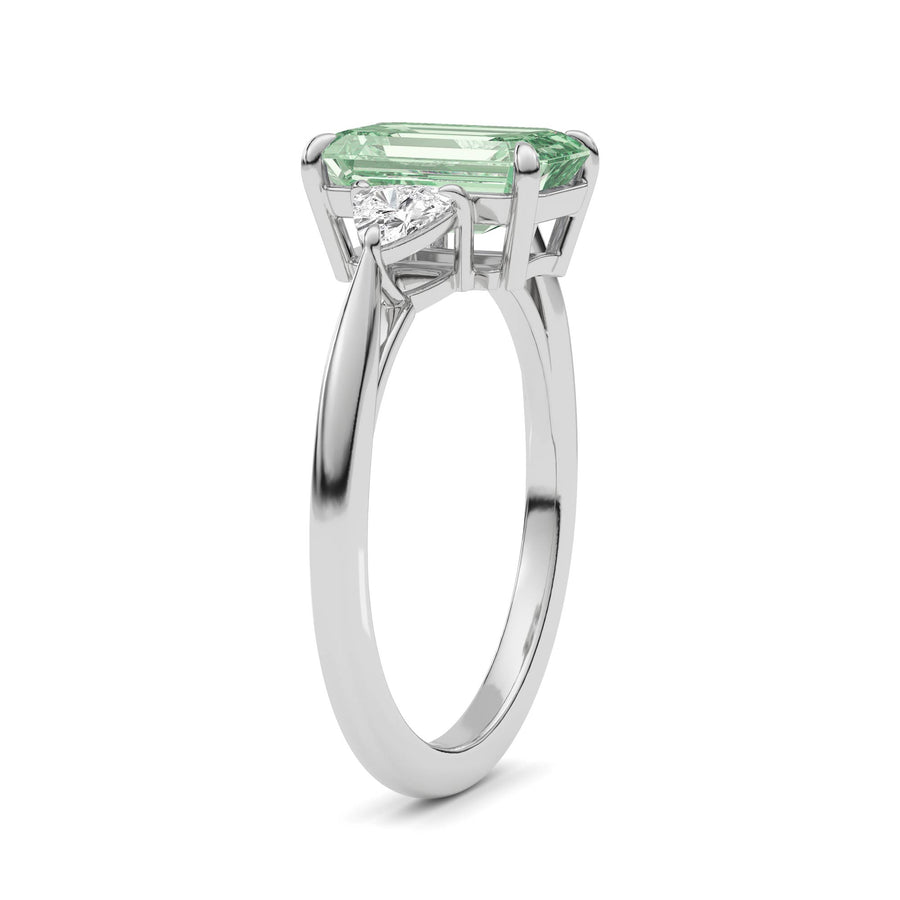 White gold Three-Stone Fancy Green Emerald Cut Diamond Ring with Trillion Side Stones