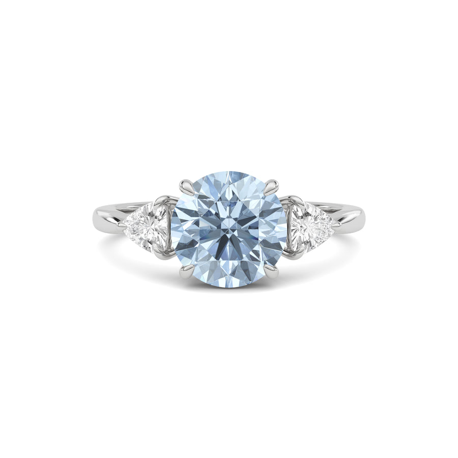 Silver Three-Stone Fancy Blue Round Cut Diamond Ring with Trillion Side Stones